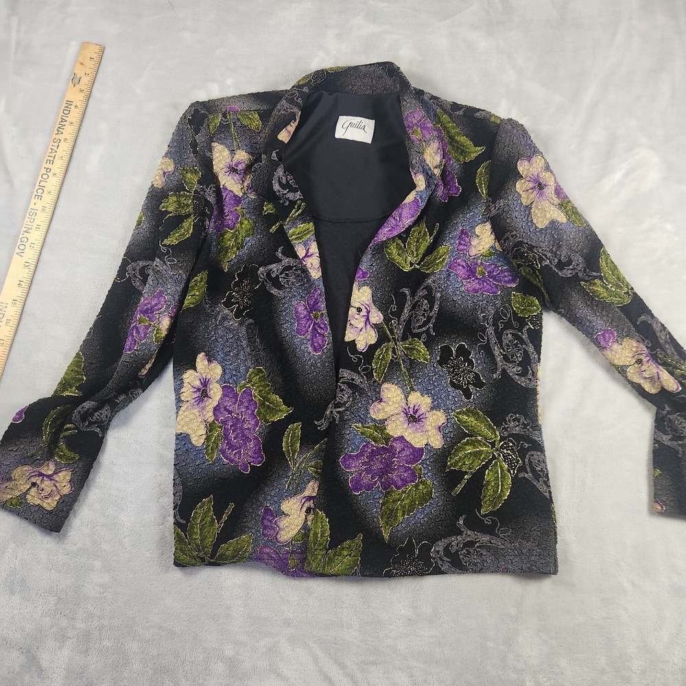 Quilia Women's Vintage Black Purple Gold Floral Open Jacket 80s Grandmacore
